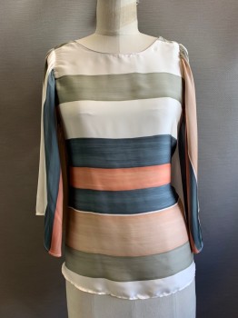 Womens, Blouse, ZARA, Pearl White, Sage Green, Champagne, Rose Pink, Steel Blue, Polyester, Stripes - Horizontal , S, S/S, Crew Neck, Wide Sleeves, Waist Tie