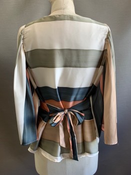 Womens, Blouse, ZARA, Pearl White, Sage Green, Champagne, Rose Pink, Steel Blue, Polyester, Stripes - Horizontal , S, S/S, Crew Neck, Wide Sleeves, Waist Tie
