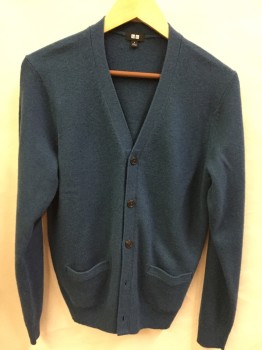 UNIQLO, Teal Blue, Wool, Solid, V-neck, Button Front, Long Sleeves, 2 Pockets, Multiple
