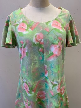 Womens, Dress, NO LABEL, Lt Green, Pink, Turquoise Blue, Polyester, Floral, W30, B34, S/S, Scoop Neck, Pullover, Vertical Seams