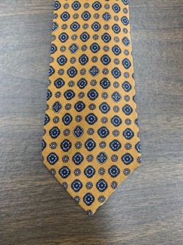 Mens, Tie, MY LORD, Mustard Yellow, Navy Blue, White, Silk, Floral, Abstract 