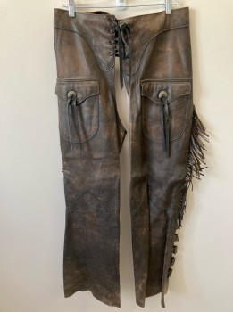 N/L, Dk Brown, Leather, Lace Up Cf, 2 Thigh Pckts, Fringe On Outseam With 5 Buckles