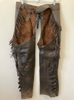 N/L, Dk Brown, Leather, Lace Up Cf, 2 Thigh Pckts, Fringe On Outseam With 5 Buckles