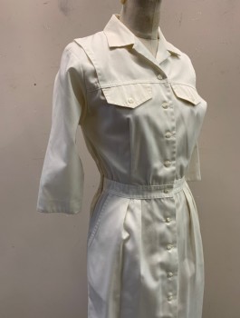 Womens, Nurses Dress, WHITE SWAN, Off White, Poly/Cotton, Solid, W:28, B:34, Twill, 3/4 Sleeves, Button Front, Notched Collar Attached, Elastic Waist in Back, 2 Faux Pocket Flaps at Chest, 2 Side Pockets at Hips, Knee Length, 70's/80's