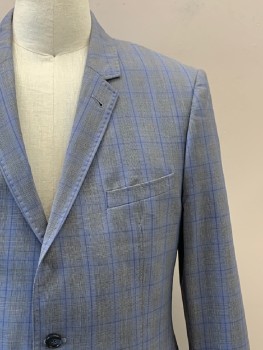 Mens, Sportcoat/Blazer, TED BAKER, Blue, Gray, Black, French Blue, Wool, Polyester, Glen Plaid, 42R, L/S, 2 Buttons, Single Breasted, Notched Lapel, 3 Pockets,