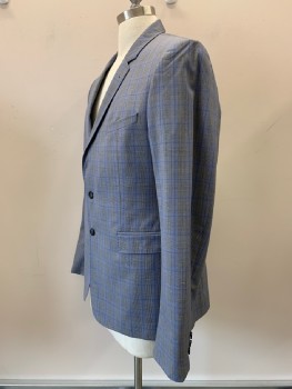 Mens, Sportcoat/Blazer, TED BAKER, Blue, Gray, Black, French Blue, Wool, Polyester, Glen Plaid, 42R, L/S, 2 Buttons, Single Breasted, Notched Lapel, 3 Pockets,