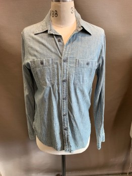 Mens, Casual Shirt, BROOKS BROTHERS, Denim Blue, Cotton, Solid, M, Chambray, Wash, 2 Pockets at CF,Button Down