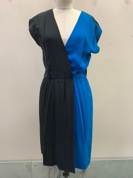 NO LABEL, Black, Blue, Polyester, Solid, S/S, V Neck, Crossover, Elastic Waist Band, Pleated,