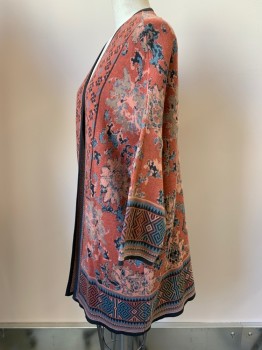 Womens, Sweater, PERUVIAN CONNECTION, Coral Pink, Salmon Pink, Lt Blue, Faded Black, Beige, Cotton, Floral, Native American/Southwestern , XS/S, L/S, Open Front,