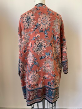 PERUVIAN CONNECTION, Coral Pink, Salmon Pink, Lt Blue, Faded Black, Beige, Cotton, Floral, Native American/Southwestern , L/S, Open Front,