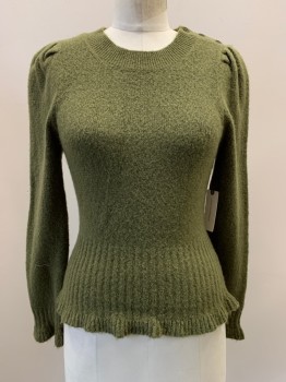 Womens, Pullover, ANTHROPOLOGIE, Moss Green, Nylon, Wool, Solid, XS, L/S, Crew Neck, Pleated Shoulders, 3 Buttons On Left Shoulder, Flared Bottom