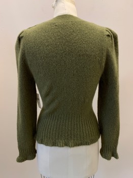 Womens, Pullover, ANTHROPOLOGIE, Moss Green, Nylon, Wool, Solid, XS, L/S, Crew Neck, Pleated Shoulders, 3 Buttons On Left Shoulder, Flared Bottom