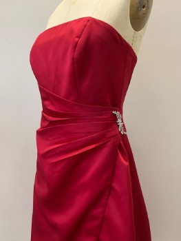 Womens, Evening Gown, DAVID'S BRIDAL, Dk Red, Polyester, Solid, B: 34, 10, W:30, Satin, Strapless Gown with Draped Detail at Side, Silver Gemstone Brooch at Side, Floor Length, Boning, Back Zip