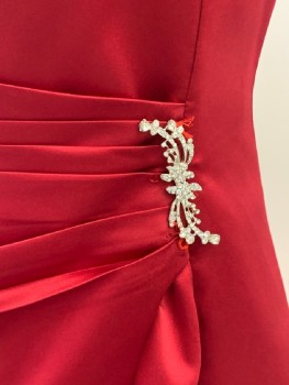 Womens, Evening Gown, DAVID'S BRIDAL, Dk Red, Polyester, Solid, B: 34, 10, W:30, Satin, Strapless Gown with Draped Detail at Side, Silver Gemstone Brooch at Side, Floor Length, Boning, Back Zip