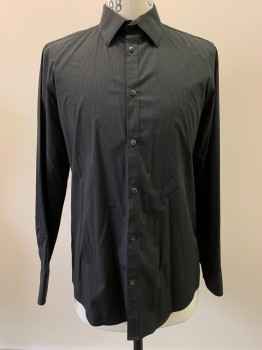 Mens, Casual Shirt, CALVIN KLEIN, Black, Gray, Cotton, Stripes - Pin, 31, 17, L/S, Button Front, Collar Attached,