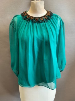 Womens, Blouse, PHILLIP LIM, Kelly Green, Silk, 4, Round Neckline, Black & Brown Beaded Attached Necklace, Long Sleeves, Small Key Hole Back