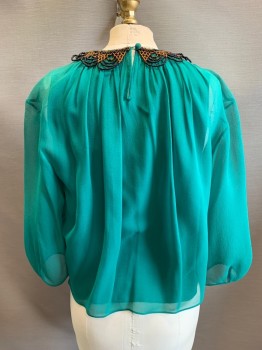 PHILLIP LIM, Kelly Green, Silk, Round Neckline, Black & Brown Beaded Attached Necklace, Long Sleeves, Small Key Hole Back
