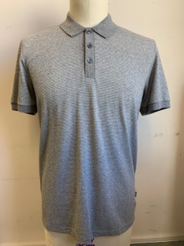 HUGO BOSS, Gray, White, Polyester, Cotton, Heathered, S/S, Collar Attached,,  3 Buttons