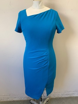 Womens, Dress, Short Sleeve, ADRIANNA PAPELL, Turquoise Blue, Polyester, Elastane, Solid, Sz.14, Stretch Crepe, Asymmetric Pointed Neckline, Princess Seams Down Front with Ruched Detail at Waist, Fitted, Knee Length, Invisible Zipper in Back