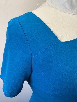 Womens, Dress, Short Sleeve, ADRIANNA PAPELL, Turquoise Blue, Polyester, Elastane, Solid, Sz.14, Stretch Crepe, Asymmetric Pointed Neckline, Princess Seams Down Front with Ruched Detail at Waist, Fitted, Knee Length, Invisible Zipper in Back