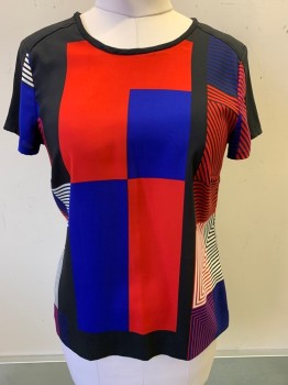 Womens, Top, VINCE CAMUTO, Red, Royal Blue, White, Black, Silk, Abstract , Stripes, M, S/S, CN, Geometrical Abstract, Back Zipper,