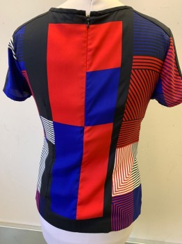 Womens, Top, VINCE CAMUTO, Red, Royal Blue, White, Black, Silk, Abstract , Stripes, M, S/S, CN, Geometrical Abstract, Back Zipper,