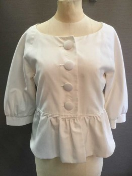 MASON, White, Synthetic, Solid, Self Stripe, Scoop Neck, Raglan 3/4 Sleeve, Gathered At Cuff, 4 Large Self Covered Buttons, Gathered Peplum
