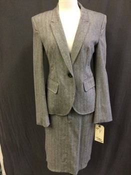 TEVROW + CHASE, White, Espresso Brown, Wool, Polyester, Herringbone, Single Breasted, 1 Button, Peaked Lapel, 2 Pockets, Interesting Treatment on Cuffs and Center Back Inverted Box Pleat
