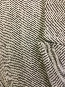 Womens, Suit, Jacket, TEVROW + CHASE, White, Espresso Brown, Wool, Polyester, Herringbone, 6, Single Breasted, 1 Button, Peaked Lapel, 2 Pockets, Interesting Treatment on Cuffs and Center Back Inverted Box Pleat