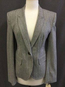 Womens, Suit, Jacket, TEVROW + CHASE, White, Espresso Brown, Wool, Polyester, Herringbone, 6, Single Breasted, 1 Button, Peaked Lapel, 2 Pockets, Interesting Treatment on Cuffs and Center Back Inverted Box Pleat