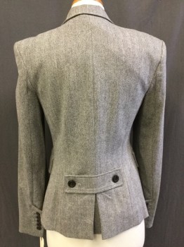 TEVROW + CHASE, White, Espresso Brown, Wool, Polyester, Herringbone, Single Breasted, 1 Button, Peaked Lapel, 2 Pockets, Interesting Treatment on Cuffs and Center Back Inverted Box Pleat