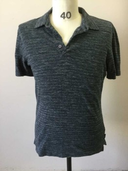 PAUL SMITH, Teal Green, Black, Cotton, Mottled, Stripes, Short Sleeve,  Collar Attached, 3 Buttons