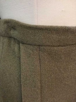 N/L, Olive Green, Wool, Solid, 1 1/4" Wide Waistband, 2 Vertical Pleats (One On Each Side) with Pleated Panels At Hem, Center Back Hook & Eye Closures, Made To Order, Double,