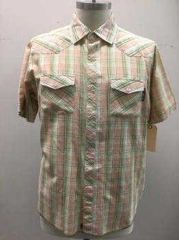 ZOO YORK, Moss Green, Cream, Burnt Orange, Cotton, Plaid, Western, Short Sleeves, Button Front, Collar Attached, 2 Pockets, Faint Graphic on Yoke