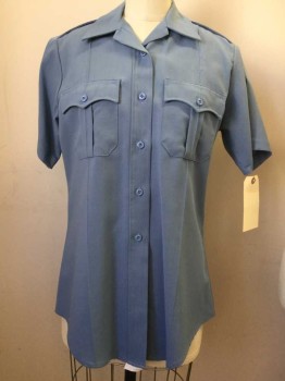 FLYING CROSS, Lt Blue, Polyester, Rayon, Solid, Button Front, Collar Attached, Short Sleeves, Epaulets, 2 Pleated Batwing Flap Pocket,