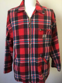 Mens, Casual Jacket, BC ETHIC, Red, Black, Turquoise Blue, White, Cotton, Plaid, L, Flannel, Zip Front, Collar Attached, 3 Pockets, No Lining