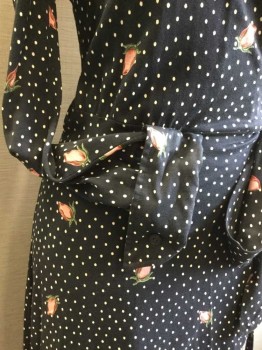 DVF, Black, Off White, Pink, Green, Cotton, Polka Dots, Floral, Black with White Dots and Roses, Wrap Dress, Pointy Collar, Long Sleeves with Turned Back Pointy Cuffs, Self Belt, Hem Below Knee