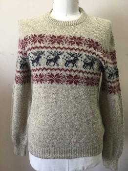Mens, Pullover Sweater, PECONIC BAY TRADERS, Oatmeal Brown, Red Burgundy, Navy Blue, Wool, Nylon, Novelty Pattern, Solid, L, Knit Scratchy Wool, Solid Oatmeal with Burgundy and Navy Snowflakes and Reindeer Pattern Across Chest, Long Sleeves, Crew Neck