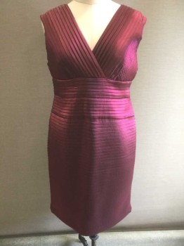 Womens, Cocktail Dress, ADRIANNA PAPELL, Wine Red, Rayon, Polyester, Solid, 14 P, Fine 1/2" Wide Pleats, Diagonal at Bust and Horizontal From Waist to Hem, Sleeveless, Elastic Waist, Wrapped V-neck, Straight Fit Skirt, Hem Above Knee,  Invisible Zipper at Center Back