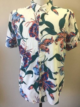 BONOBOS, White, Multi-color, Teal Blue, Coral Orange, Blue, Cotton, Floral, Hawaiian Print, White with Multicolor Hawaiian Inspired Floral, Short Sleeve Button Front, Collar Attached, Button Down Collar