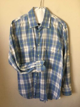 BLOOMINGDALES, Lt Blue, White, Yellow, Gray, Cotton, Plaid, Long Sleeves, Collar Attached, Button Front, 2 Patch Pockets with Button Down Flaps
