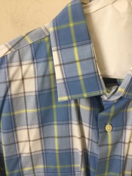 BLOOMINGDALES, Lt Blue, White, Yellow, Gray, Cotton, Plaid, Long Sleeves, Collar Attached, Button Front, 2 Patch Pockets with Button Down Flaps