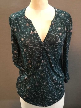 Womens, Blouse, H & M, Dk Green, Teal Green, Peach Orange, Pink, White, Polyester, Floral, XS, Forrest Green W/teal Green, White, Peach, Pink Fuchsia Print, V-neck, 3 Green Button Front, Yoke, 3/4 Sleeves