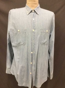 J CREW, Lt Blue, Cotton, Solid, Chambray, Button Front, Long Sleeves, Collar Attached, 2 Pockets,