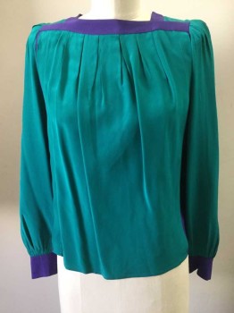 N/L, Teal Green, Purple, Silk, Color Blocking, Square Purple Collar, Teal Green Pleated Body with Purple Sides, Pleated Teal Green Long Sleeves, with Purple Cuff, 3button Back