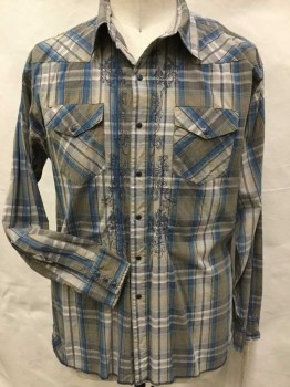 WRANGLER, Lt Brown, Teal Green, Beige, Navy Blue, Cotton, Plaid, Western Style, Light Brown/teal Green/beige/black Plaid, Collar Attached, Steel Blue Snap Front, 2 Pockets W/flap, Navy Paisley Stitches Front Center, Long Sleeves,