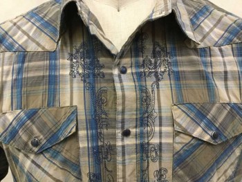WRANGLER, Lt Brown, Teal Green, Beige, Navy Blue, Cotton, Plaid, Western Style, Light Brown/teal Green/beige/black Plaid, Collar Attached, Steel Blue Snap Front, 2 Pockets W/flap, Navy Paisley Stitches Front Center, Long Sleeves,