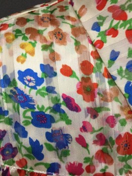 BA&SH, Cream, Red, Blue, Green, Fuchsia Pink, Polyester, Floral, Long Sleeves, Floral Self with Self Stripe