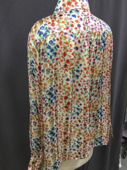 BA&SH, Cream, Red, Blue, Green, Fuchsia Pink, Polyester, Floral, Long Sleeves, Floral Self with Self Stripe
