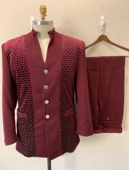 IL CANTO, Red Burgundy, Silver, Polyester, Geometric, Solid, Nehru Jacket, Burgundy Solid Poly with Burgundy Velvet Panels at Front and Stand Collar with Silver Metallic Dashed Squares Pattern, 4 Silver Buttons, 2 Welt Pockets